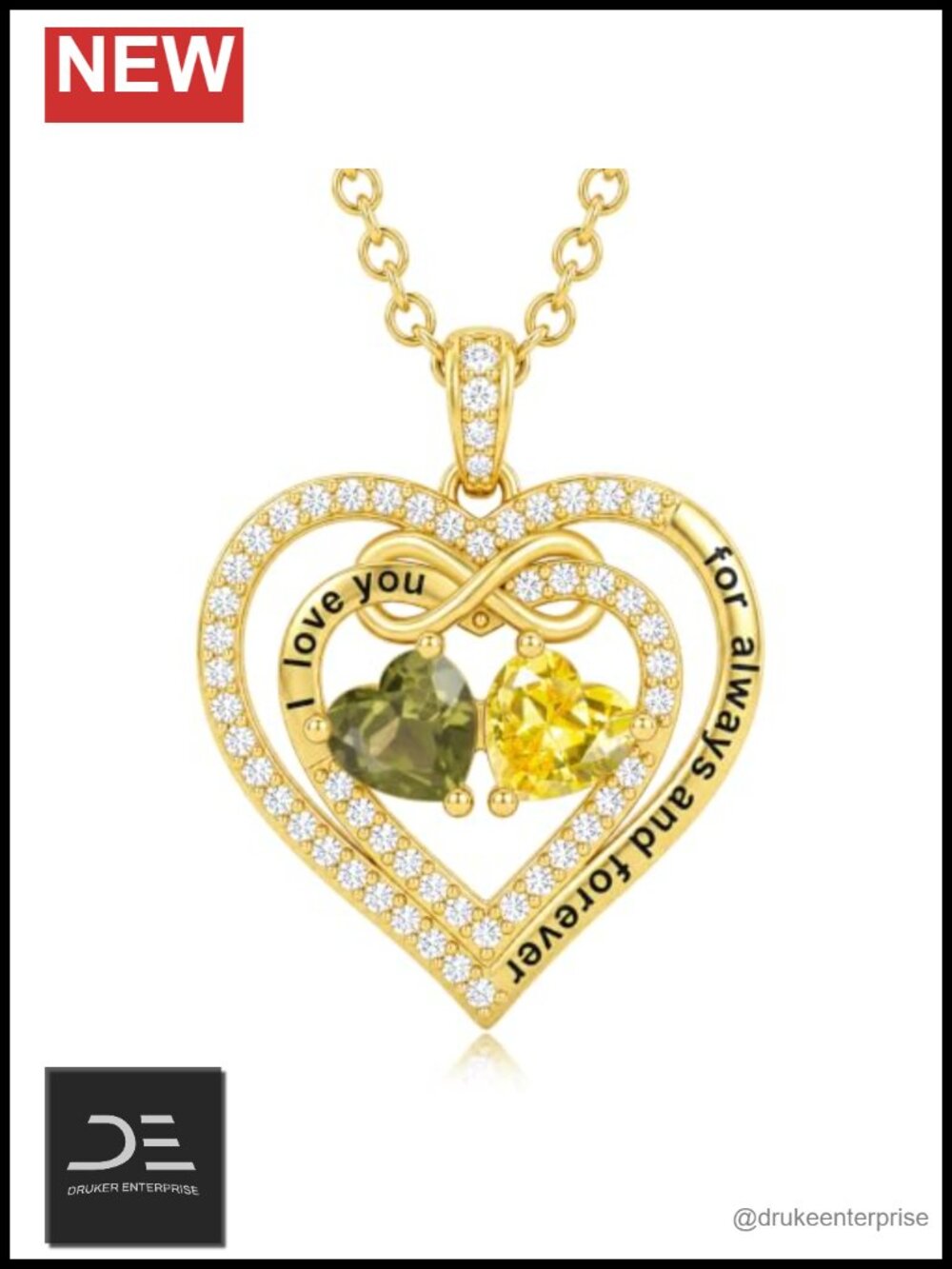 14K Gold Plated Heart Necklace Double Birthstone Pendant Anniversary Gift for